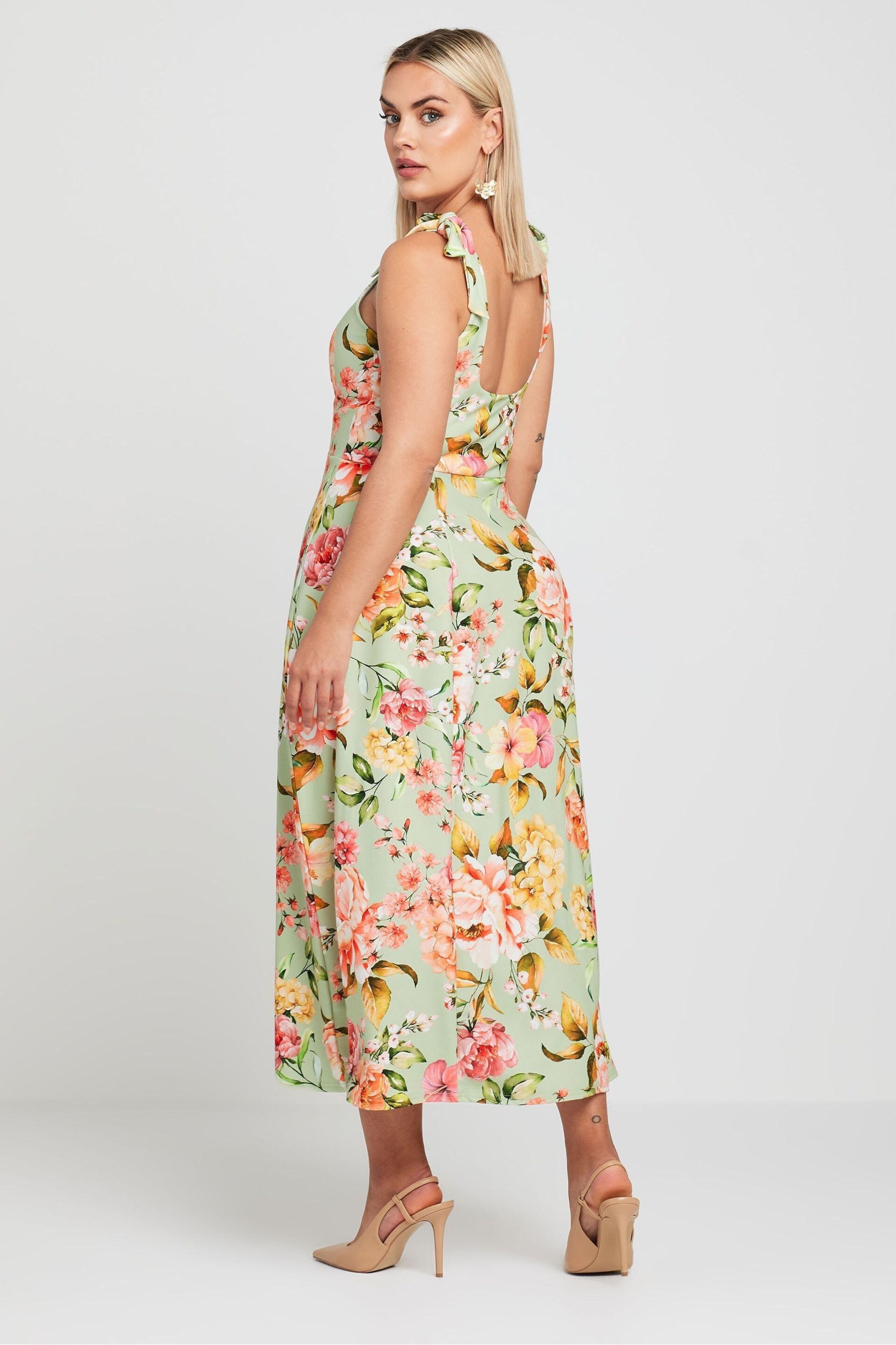 Yours Curve Green LIMITED COLLECTION Curve Blue Floral Print Bow Strap Midaxi Dress - Image 4 of 5