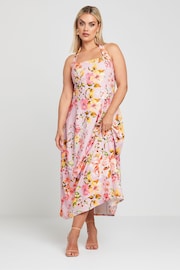 Yours Curve Pink Limited Collection Floral Print Halter Neck Midaxi Dress - Image 1 of 6