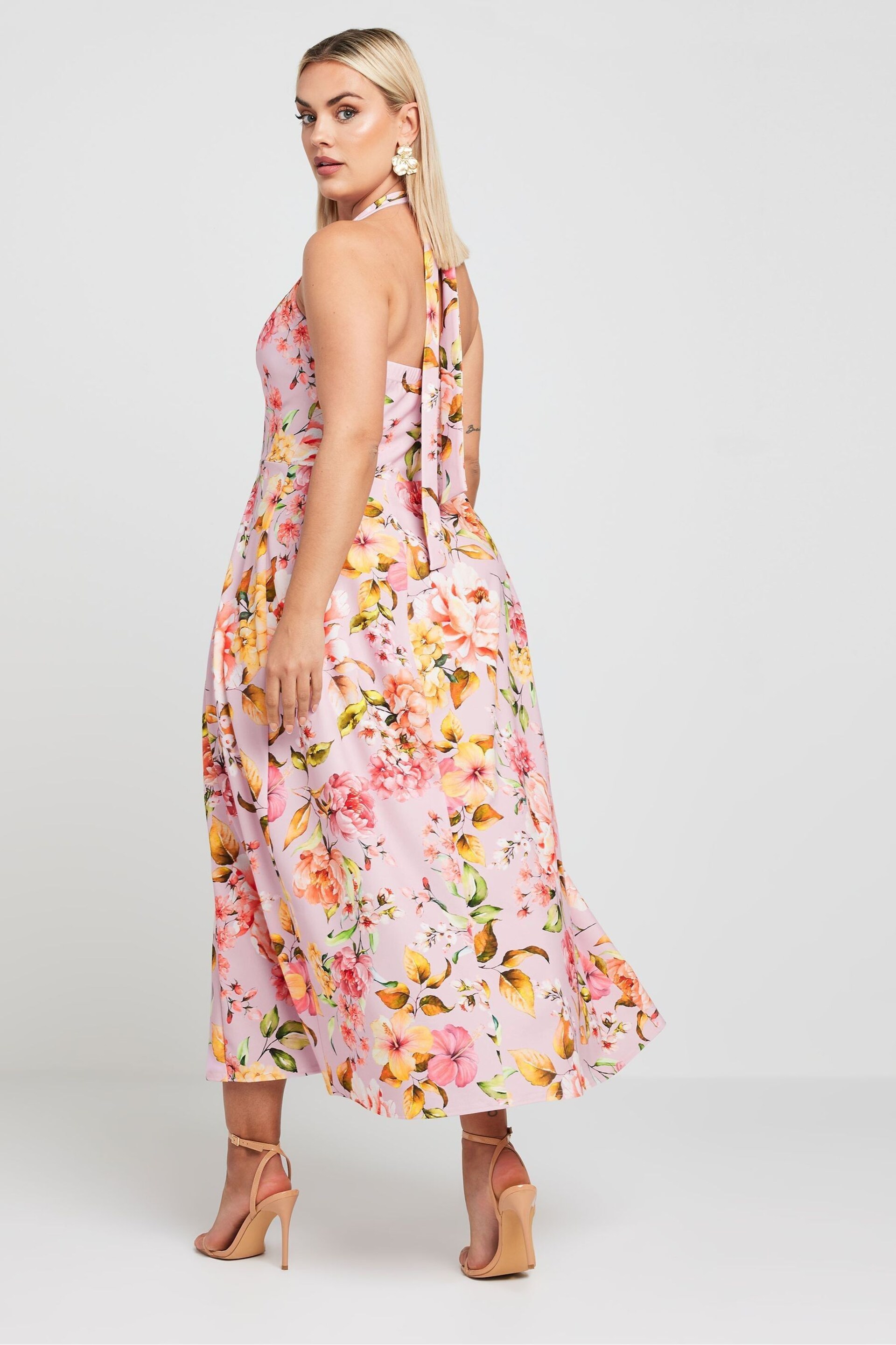 Yours Curve Pink Limited Collection Floral Print Halter Neck Midaxi Dress - Image 3 of 6