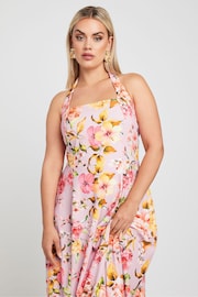 Yours Curve Pink Limited Collection Floral Print Halter Neck Midaxi Dress - Image 4 of 6