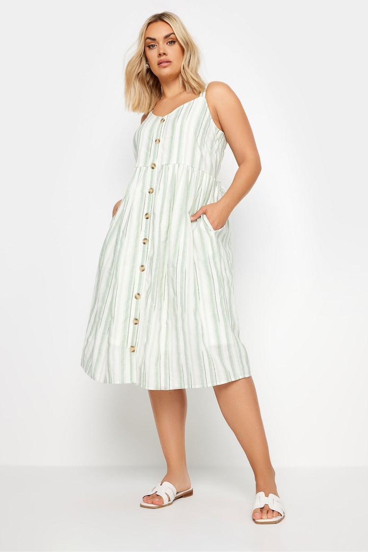 Yours Curve White And Sage Green 100% Cotton Stripe Sundress - Image 2 of 5