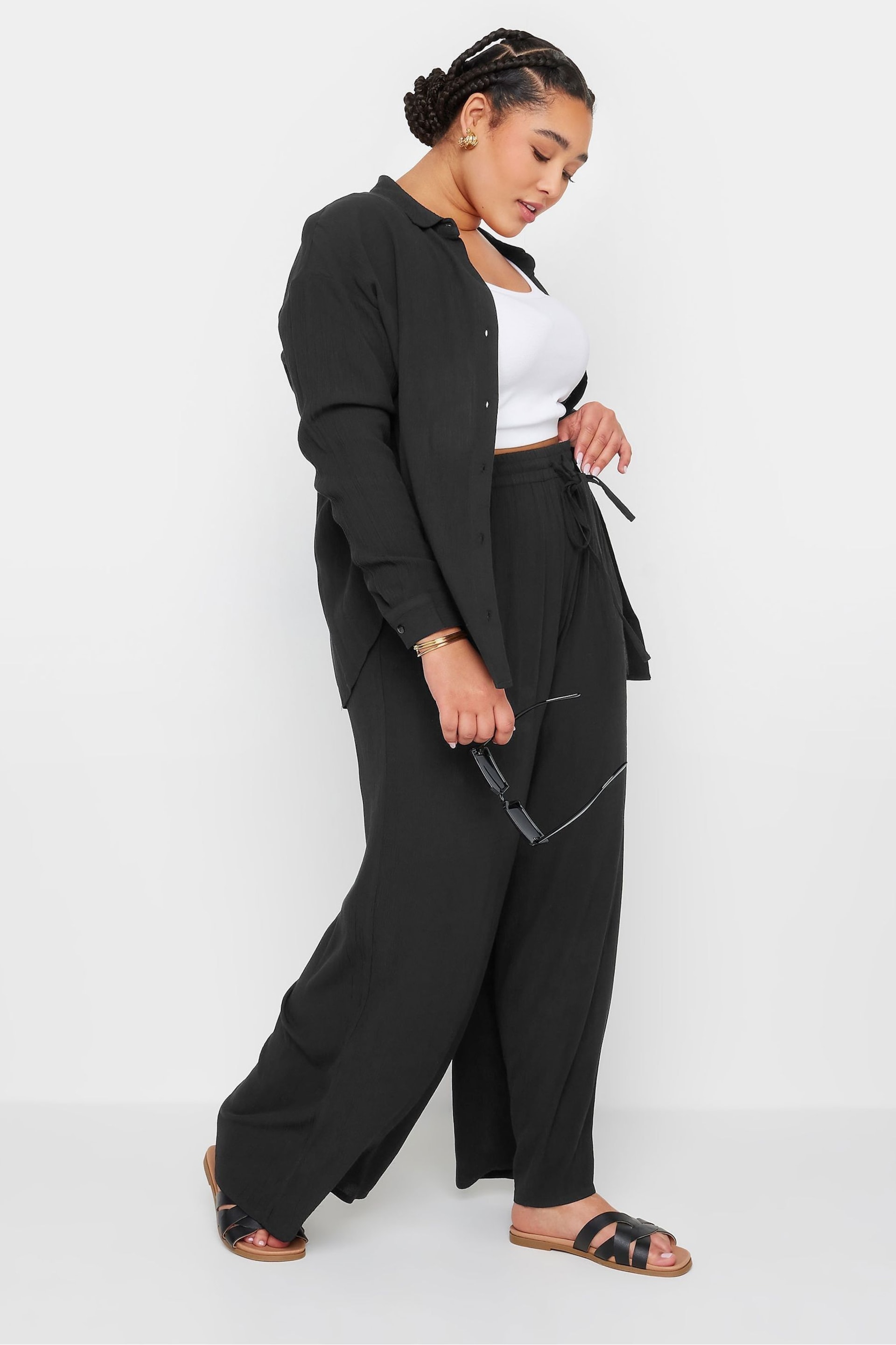 Yours Curve Black Abstract Print Crinkle Drawstring Trousers - Image 2 of 5