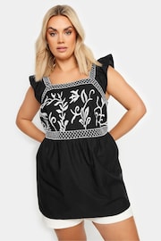 Yours Curve Black Embroidered Peplum 100% Cotton Top - Image 1 of 5