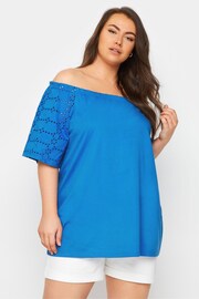 Yours Curve Blue White Broderie Anglaise Bardot Top - Image 1 of 5