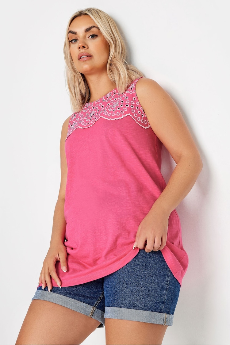 Yours Curve Pink 100% Cotton Broderie Anglaise Detail Vest Top - Image 1 of 5