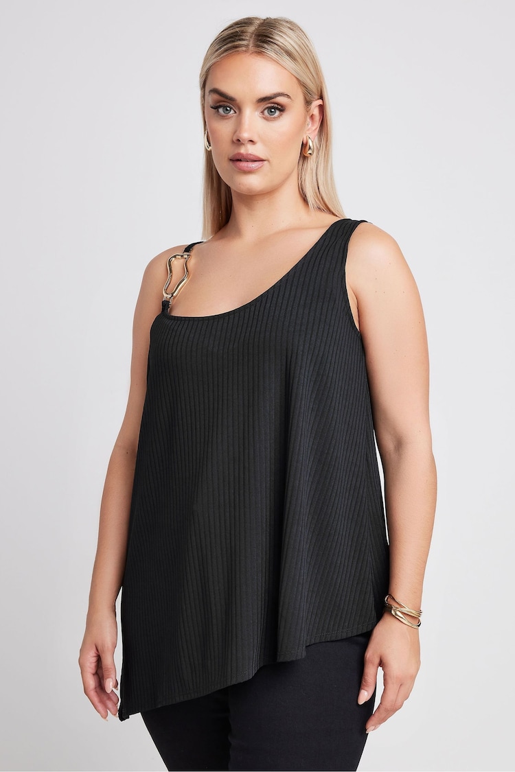 Yours Curve Black Limited Collection Metal Trim Ribbed Vest Top - Image 1 of 5