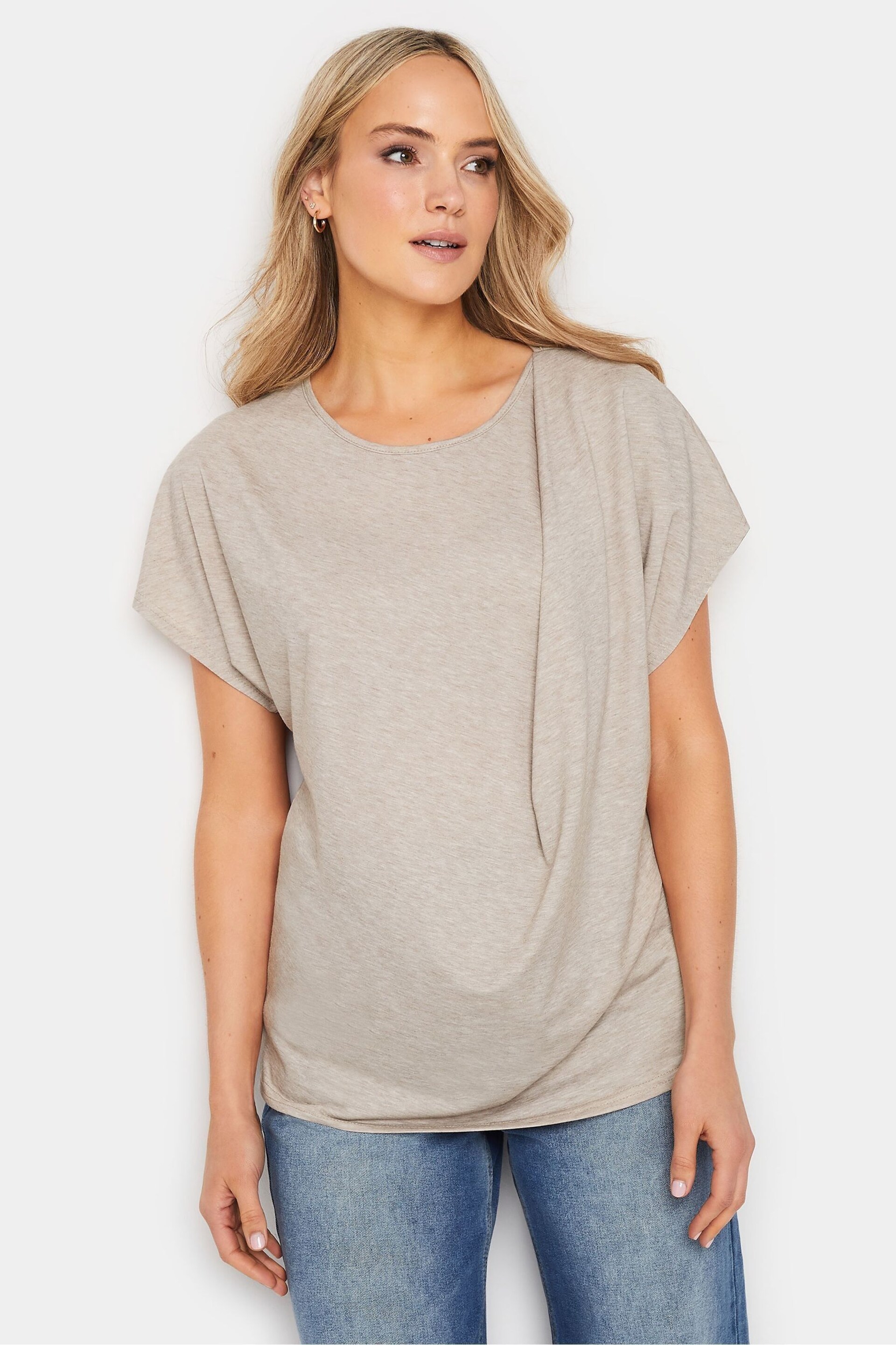 Long Tall Sally Natural LTS Tall Stone Brown Draped Front T-Shirt - Image 1 of 6