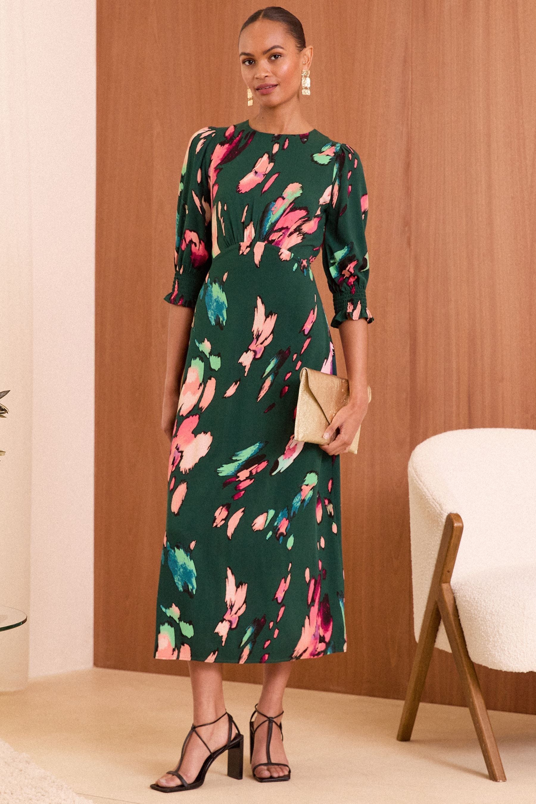 Love Roses Green Smudge Empire Seam Flute Sleeve Midi Dress