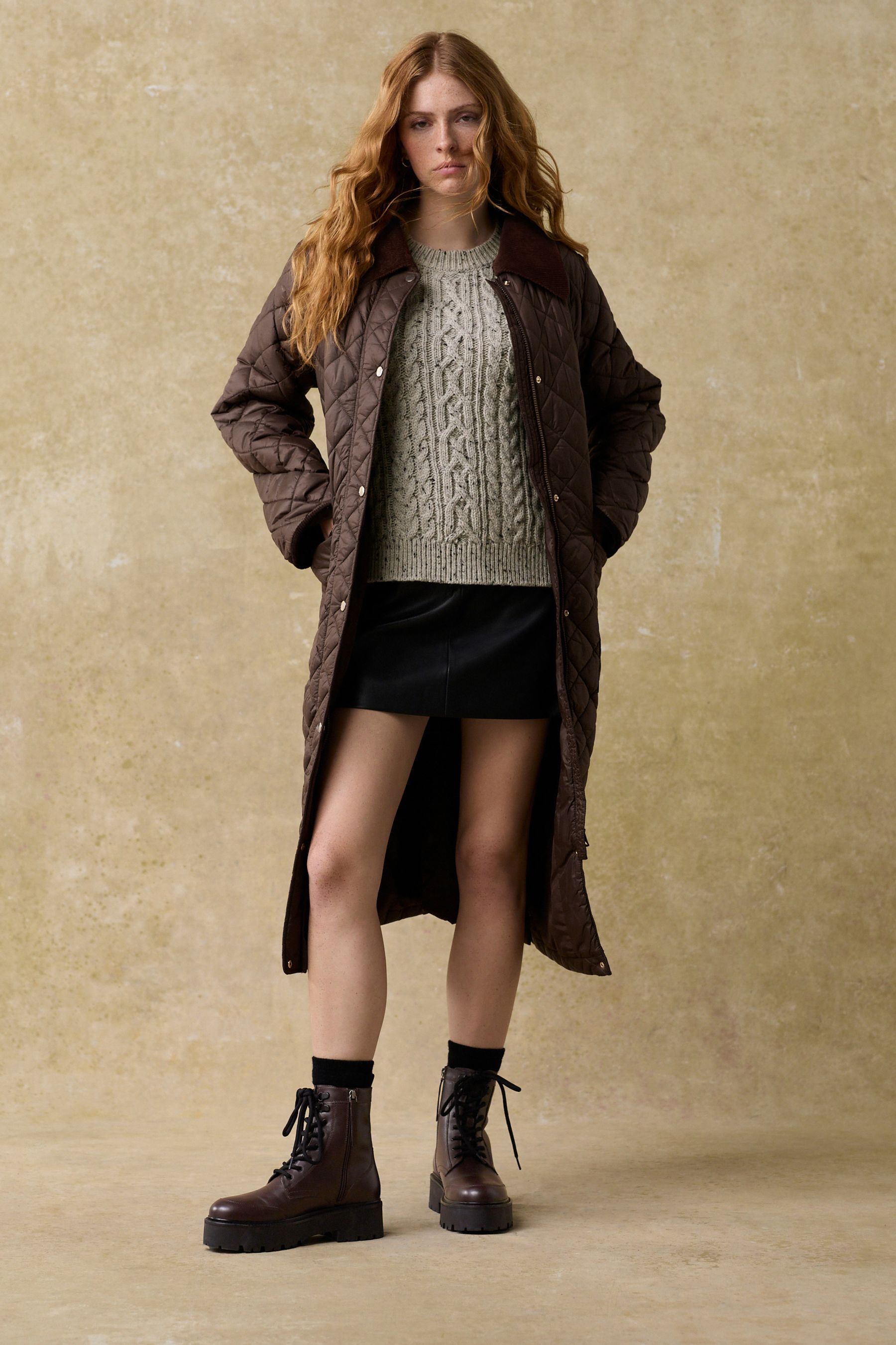 NEXT Chocolate Brown Longline Heritage Quilted Jacket Medium Womens