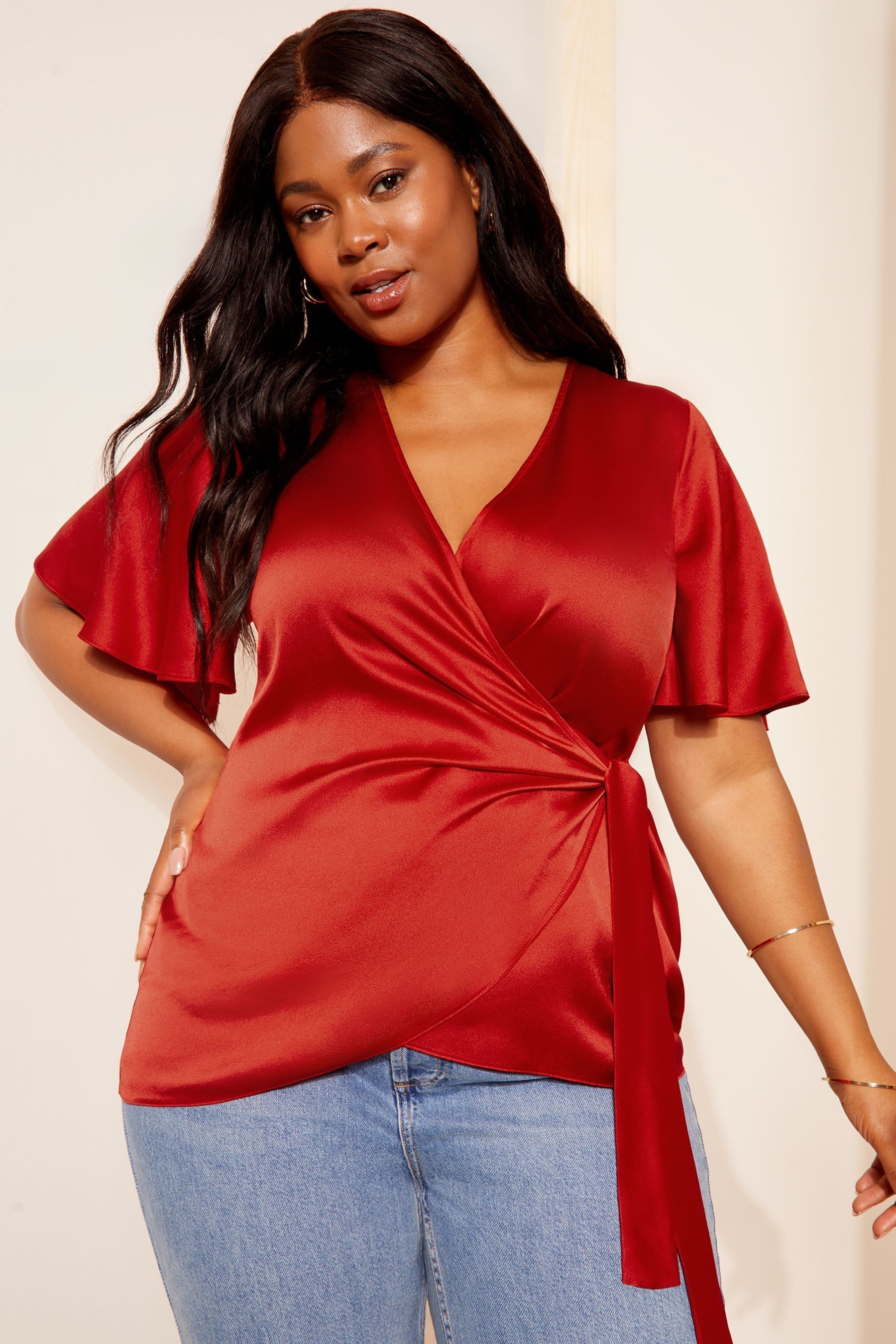 Buy Curves Like These Red Short Sleeve Satin Wrap Blouse from the Next UK online shop