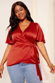 Curves Like These Red Short Sleeve Satin Wrap Blouse - Image 2 of 4