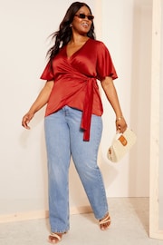 Curves Like These Red Short Sleeve Satin Wrap Blouse - Image 3 of 4