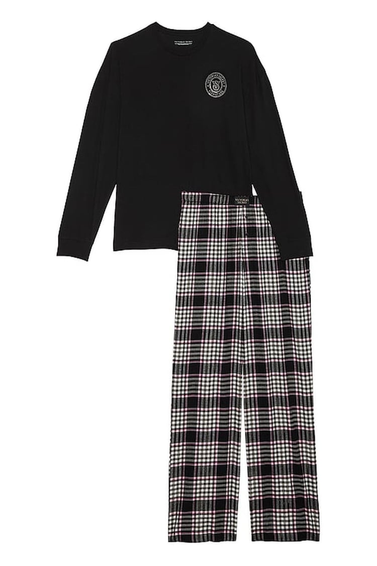 Victoria's Secret Black/Pink Xia Plaid Black Long Sleeve T-Shirt Flannel Pyjama Set - Image 1 of 2