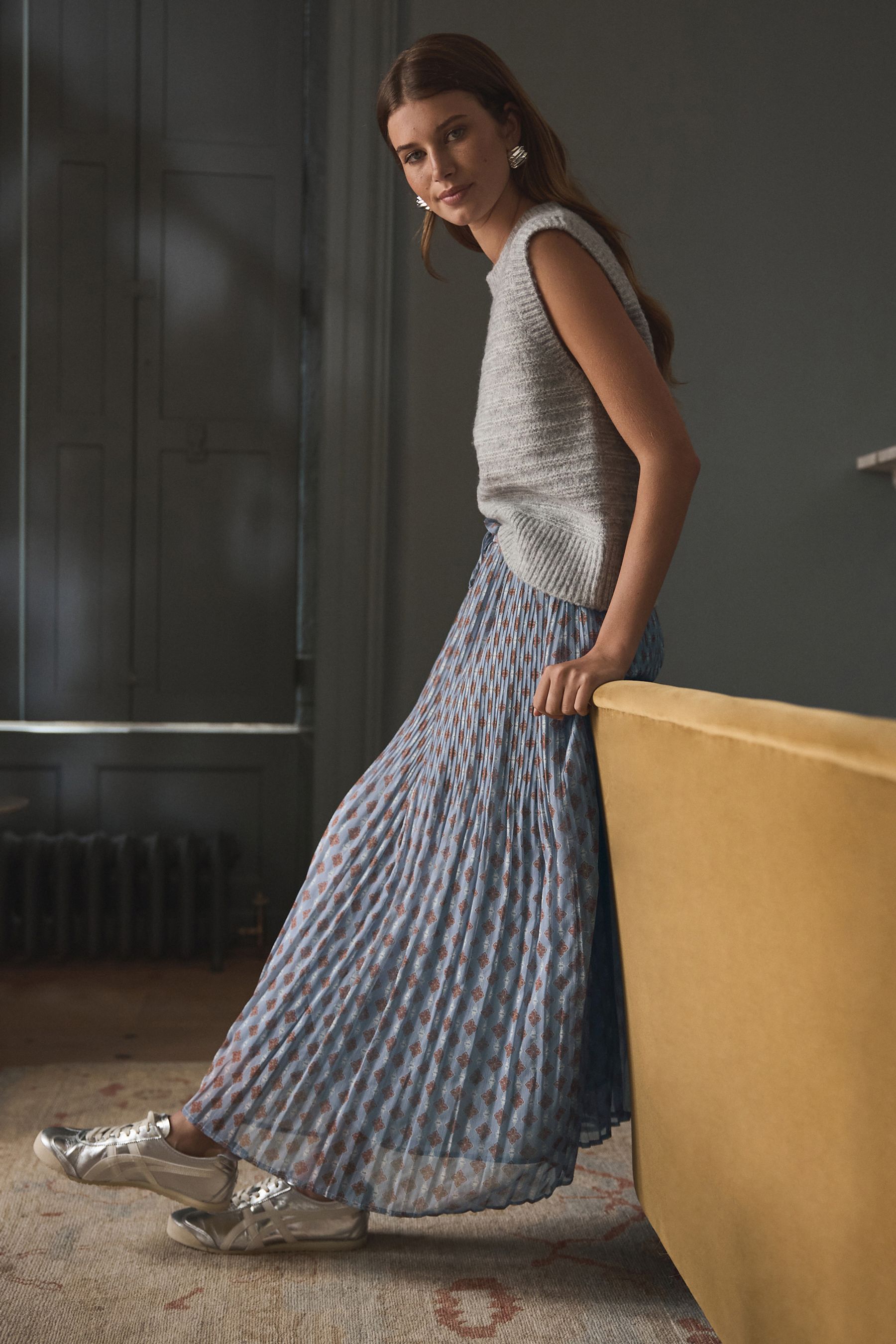 Blue Printed Midi Skirt