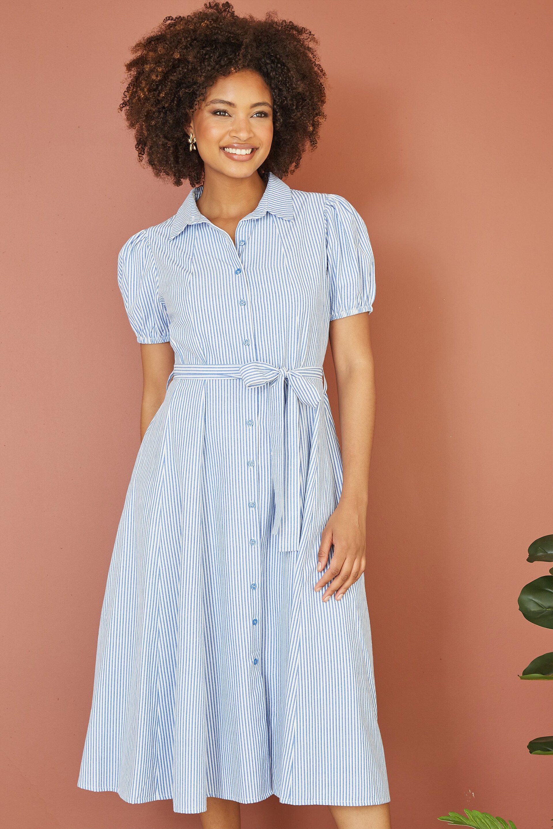 Yumi Blue Cotton Striped Midi Shirt Dress - Image 1 of 5