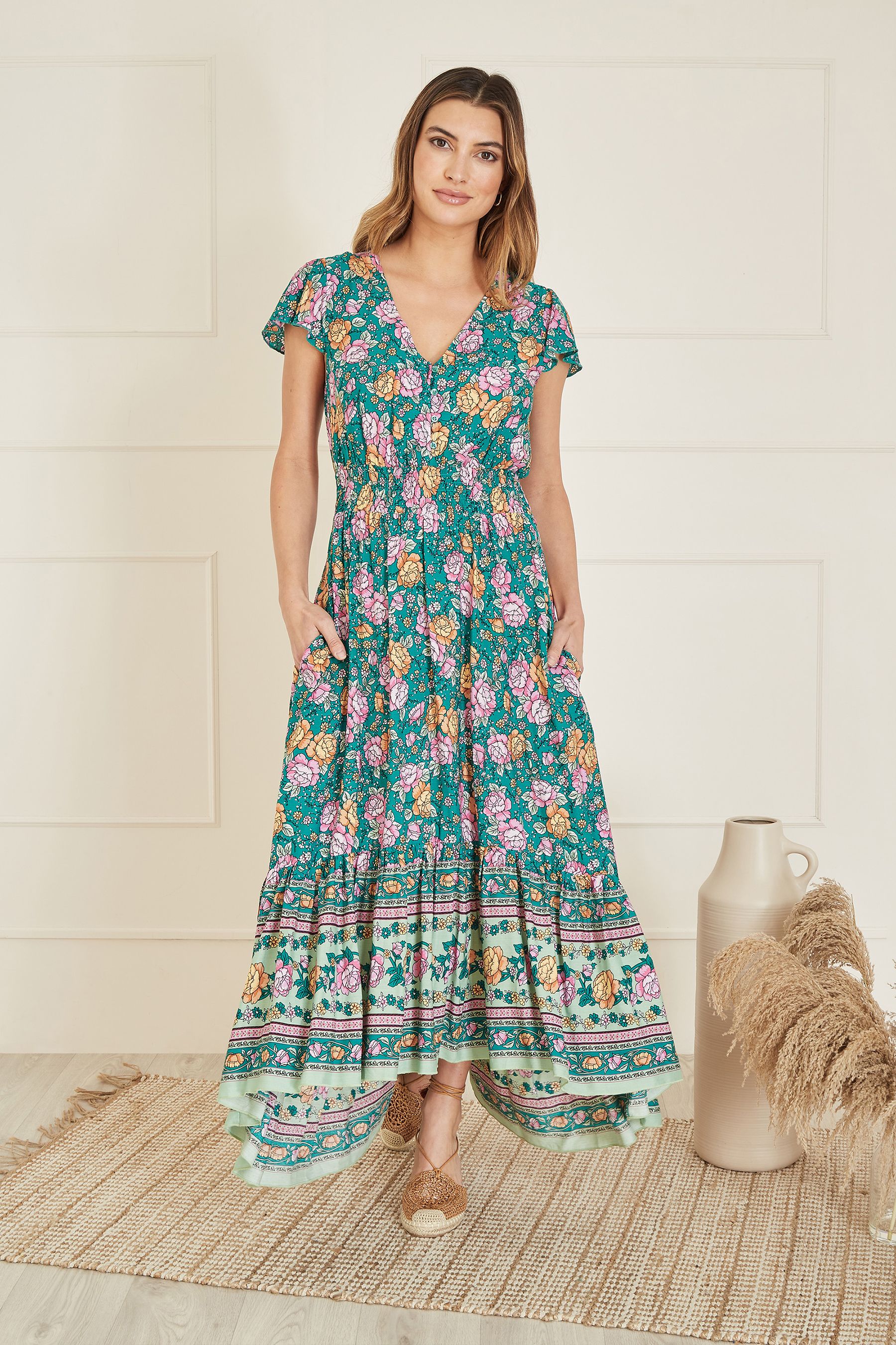 Buy Yumi Green Festival Floral Print Ruched Waist Maxi Dress from Next Gibraltar