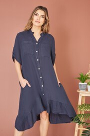 Yumi Blue Italian Linen Shirt Dress With Frill Hem - Image 1 of 4