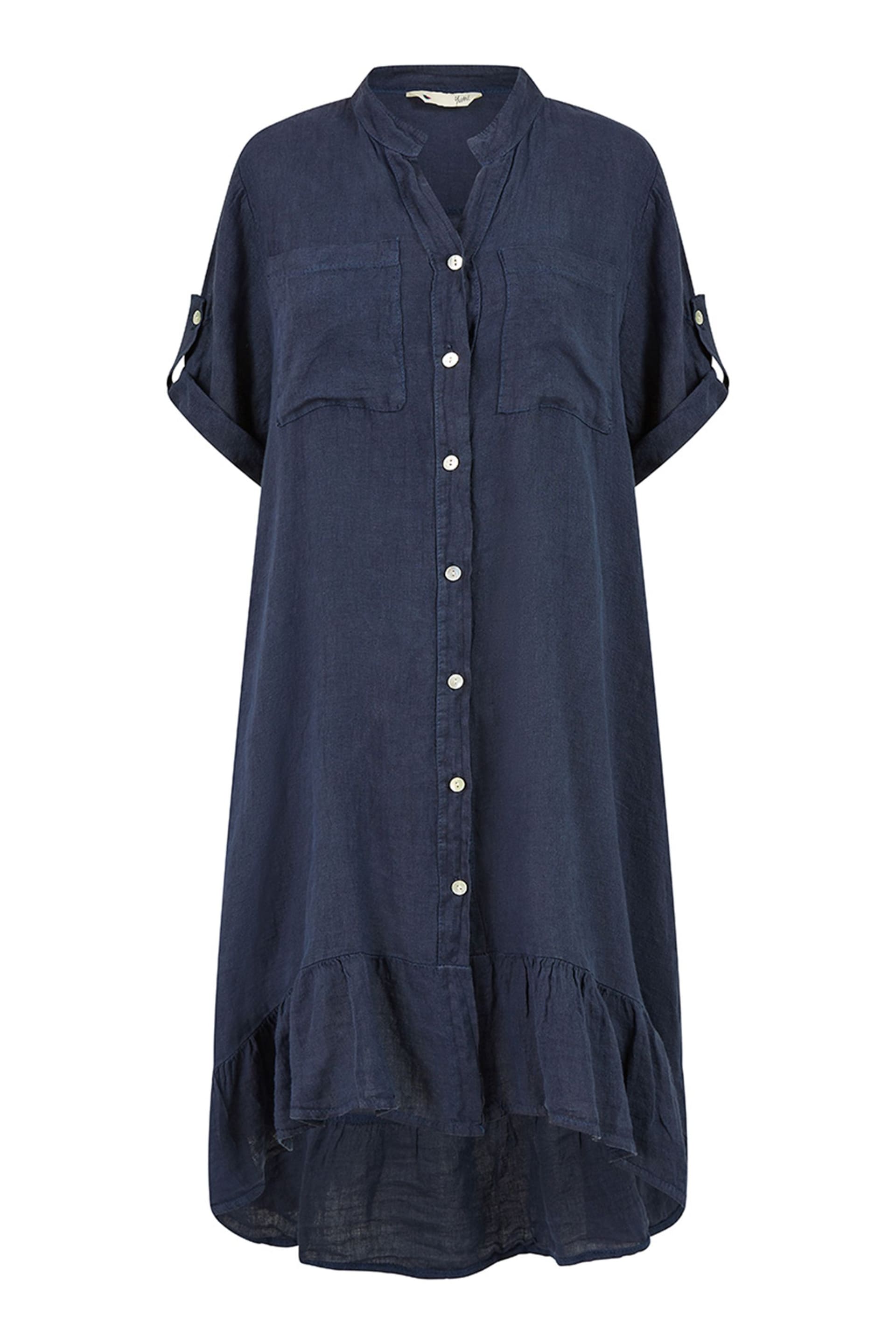 Yumi Blue Italian Linen Shirt Dress With Frill Hem - Image 4 of 4