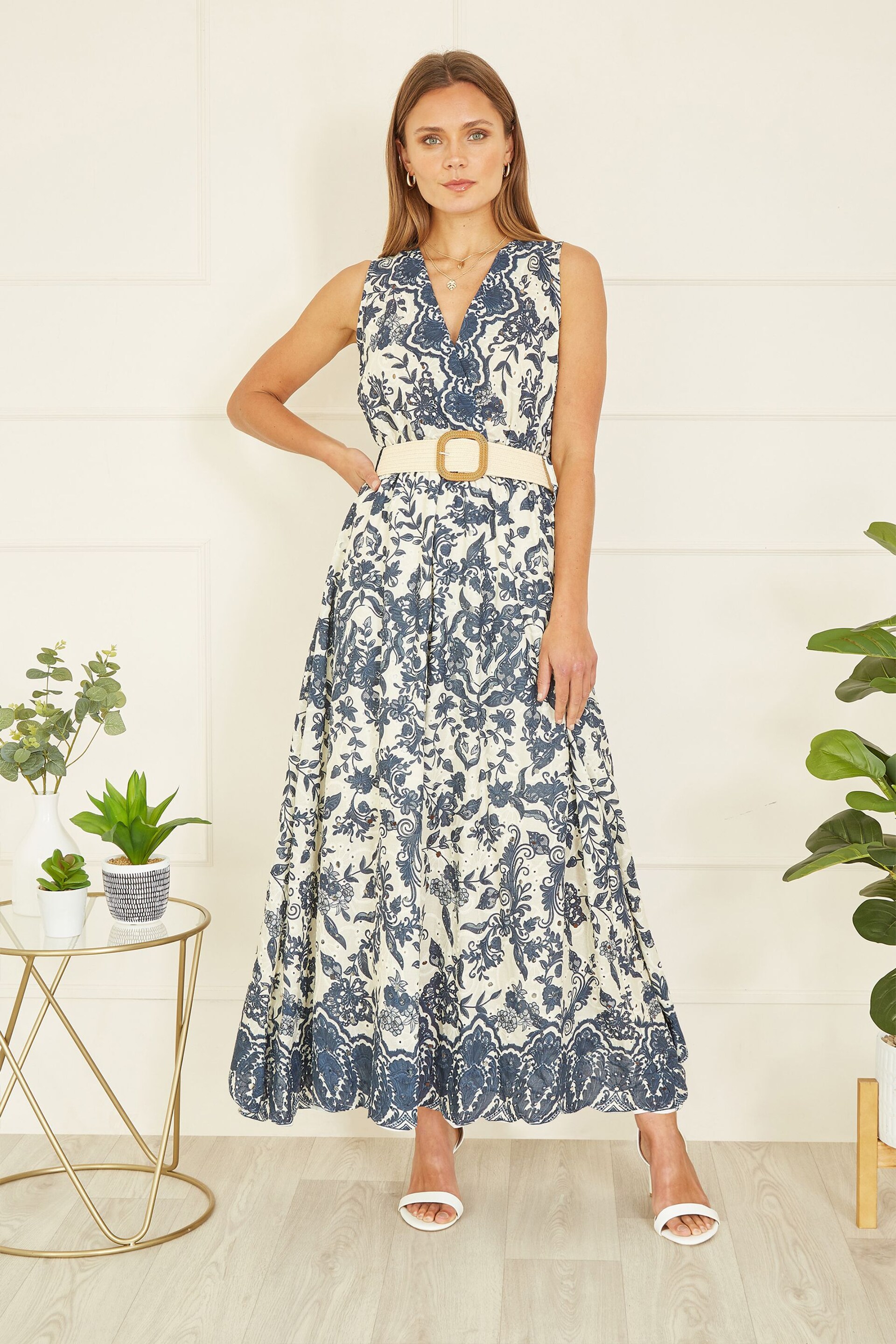 Yumi Blue Floral Border Print Broderie Anglaise Cotton Midi Dress - Image 1 of 5