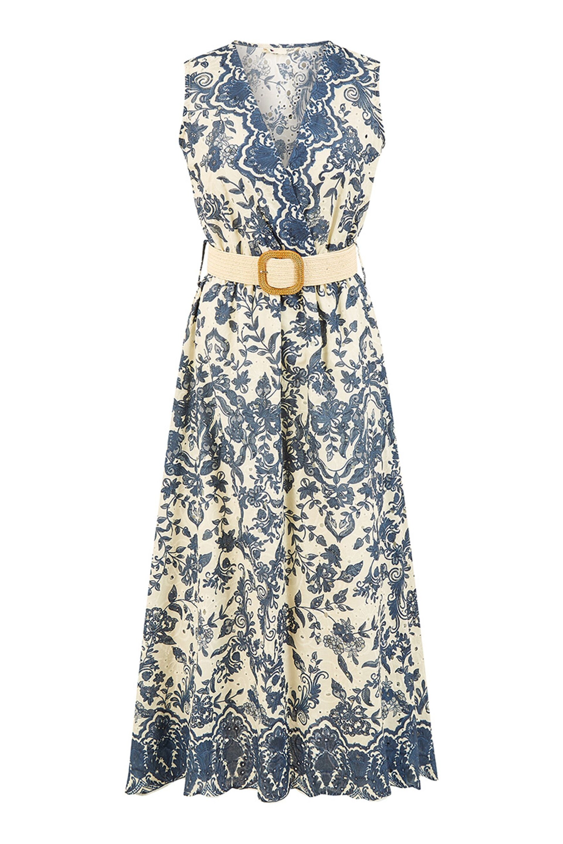 Yumi Blue Floral Border Print Broderie Anglaise Cotton Midi Dress - Image 5 of 5