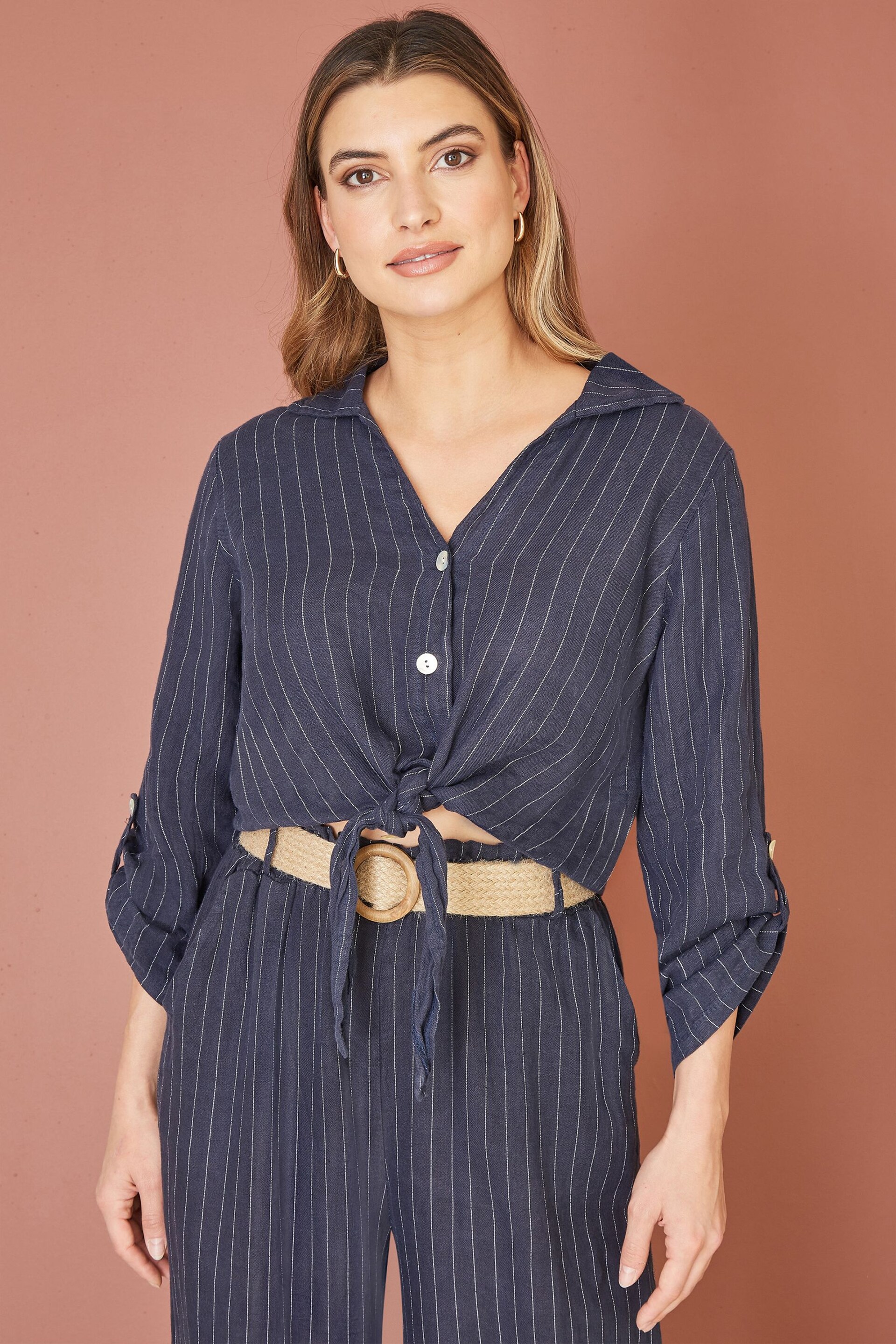 Yumi Blue Striped Italian Linen Shirt - Image 1 of 4