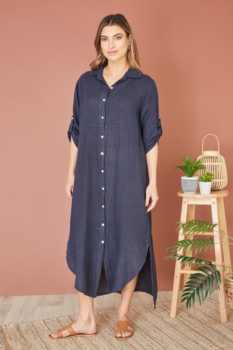 Yumi Blue Italian 100% Linen Hand Dip Dyed Midi Shirt Dress With Turn Up Sleeves - Image 2 of 4