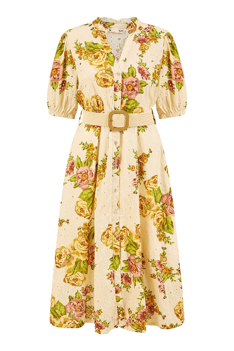 Yumi White Floral Print Broderie Anglaise 100% Cotton Midi Shirt Dress With Matching Belt - Image 5 of 5