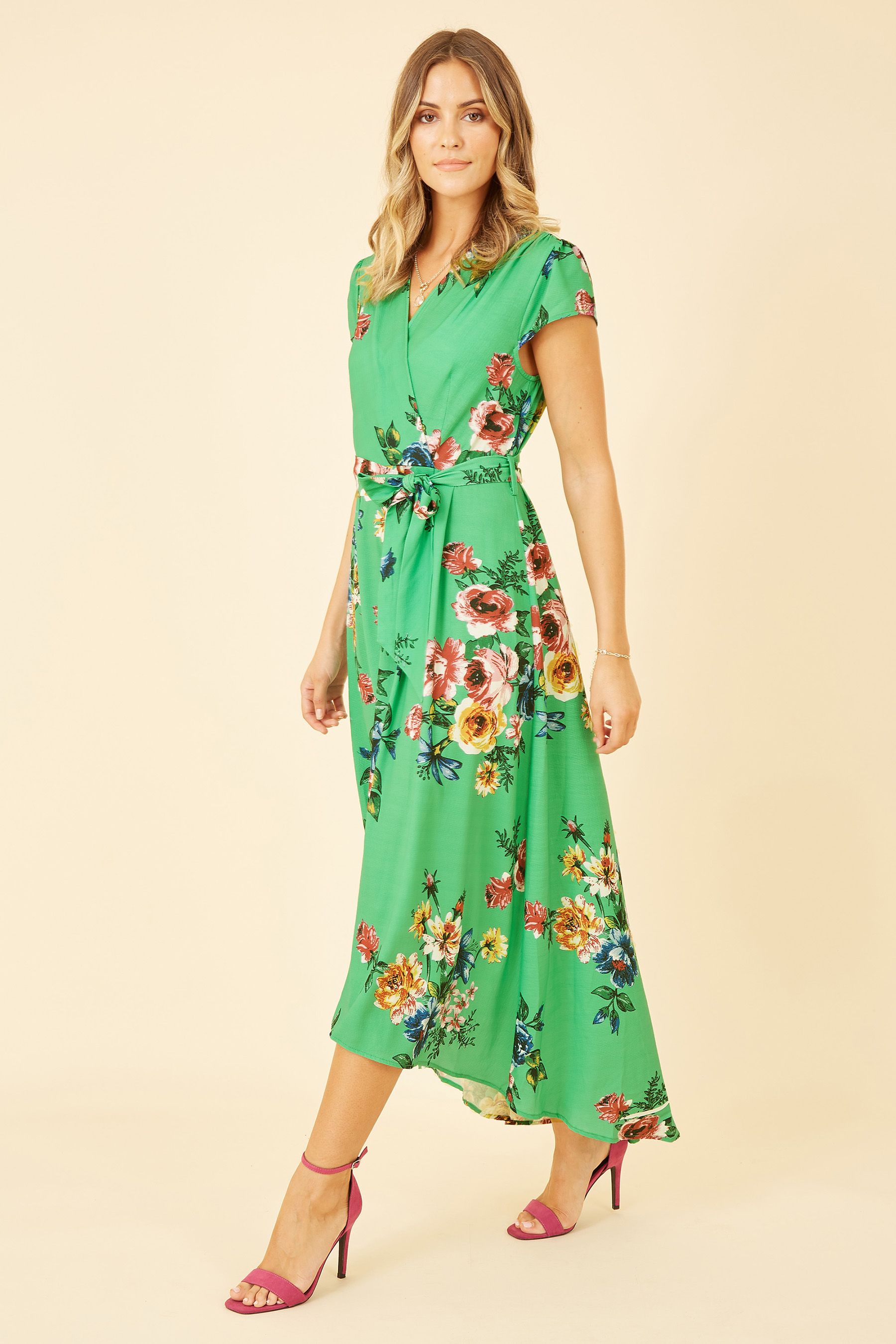 Buy Mela Green Floral Wrap Over Dipped Hem Midi Dress from the Next UK online shop