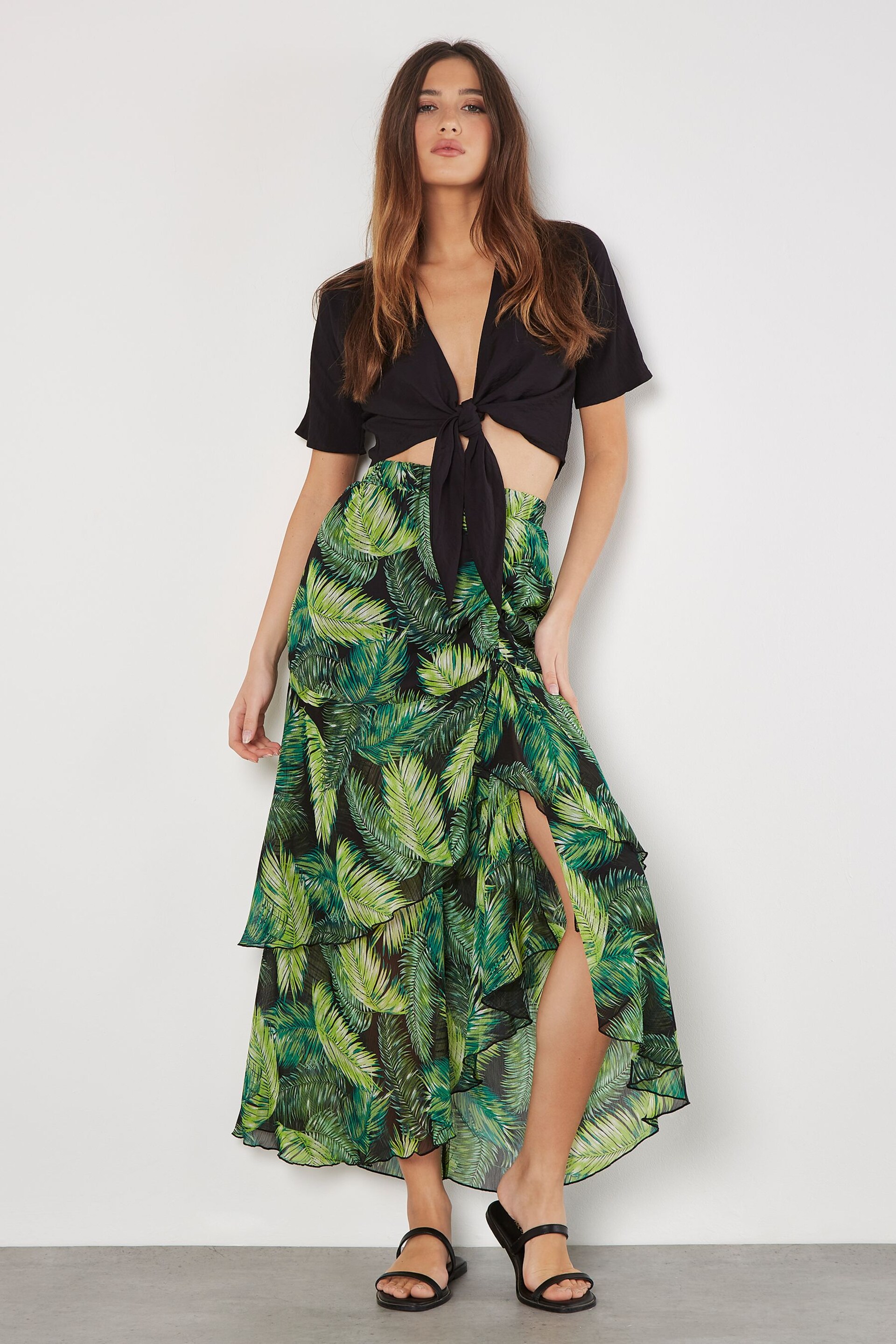 Apricot Green Crinkled Ruched Layered Skirt - Image 1 of 4