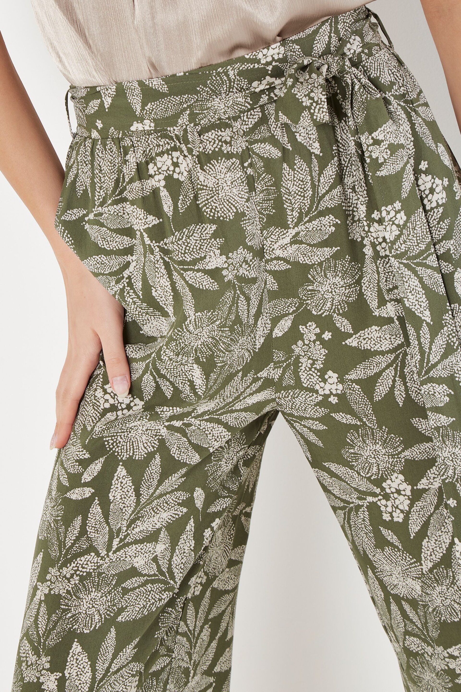 Apricot Green Batik Leaf Belted Culotte Trousers - Image 2 of 4