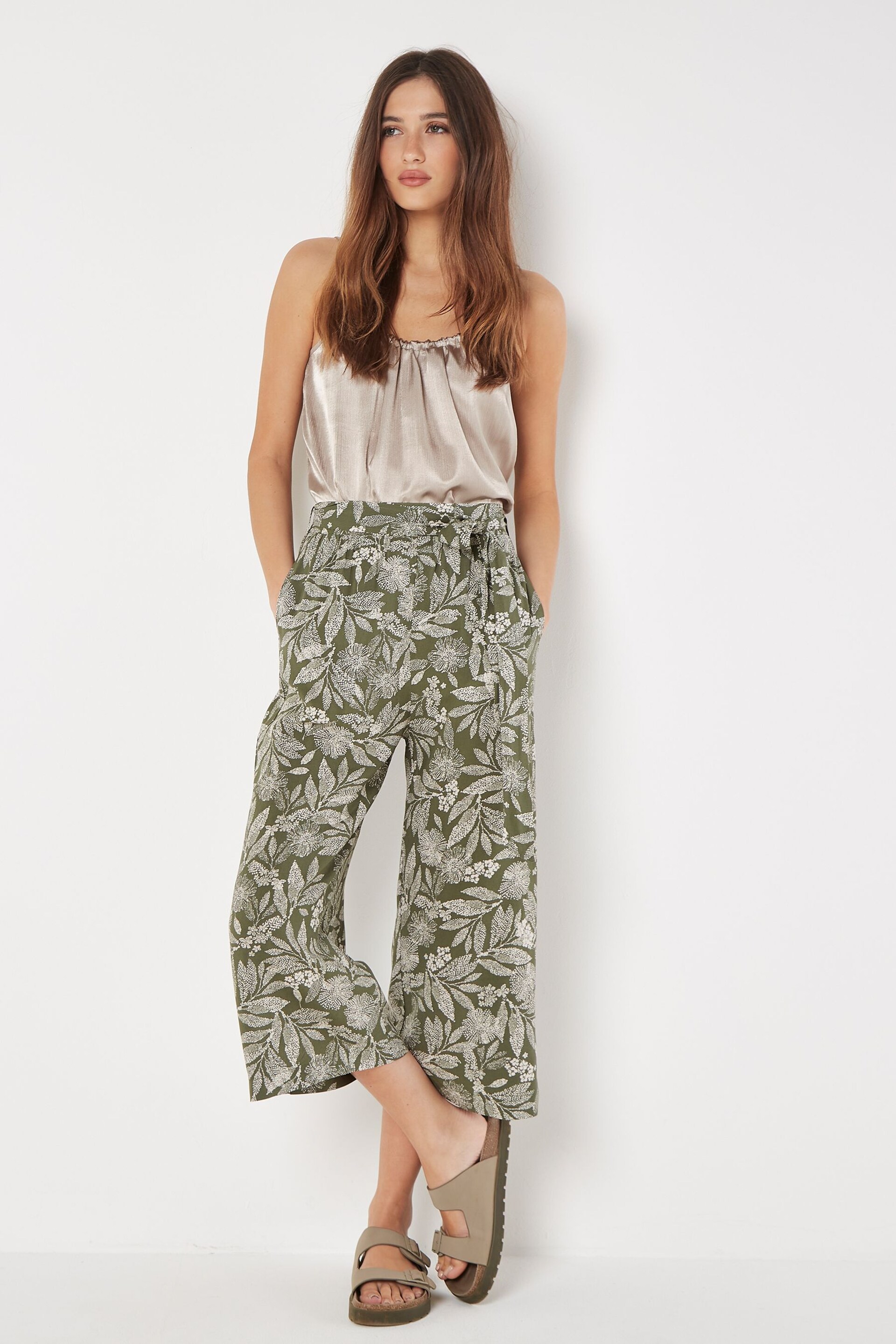 Apricot Green Batik Leaf Belted Culotte Trousers - Image 4 of 4