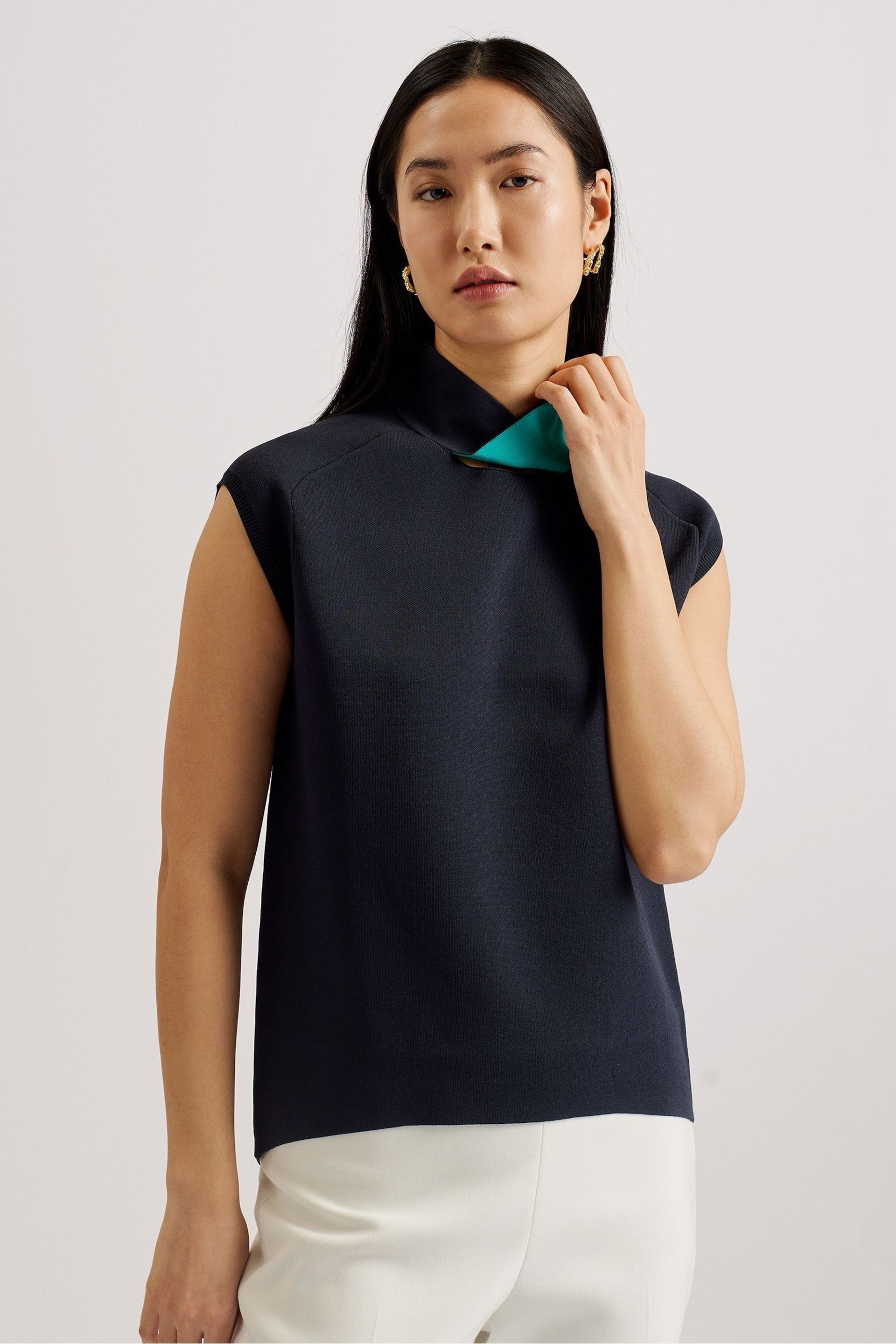 Ted Baker Blue Kaedee Knit Twisted Neck Easy Fit Top - Image 3 of 7