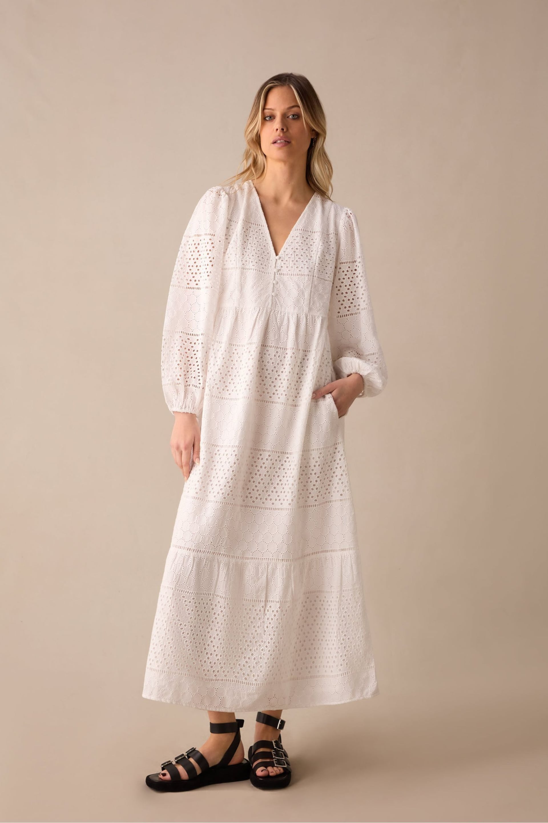 Ro&Zo Mixed Broderie White Midi Dress - Image 1 of 7