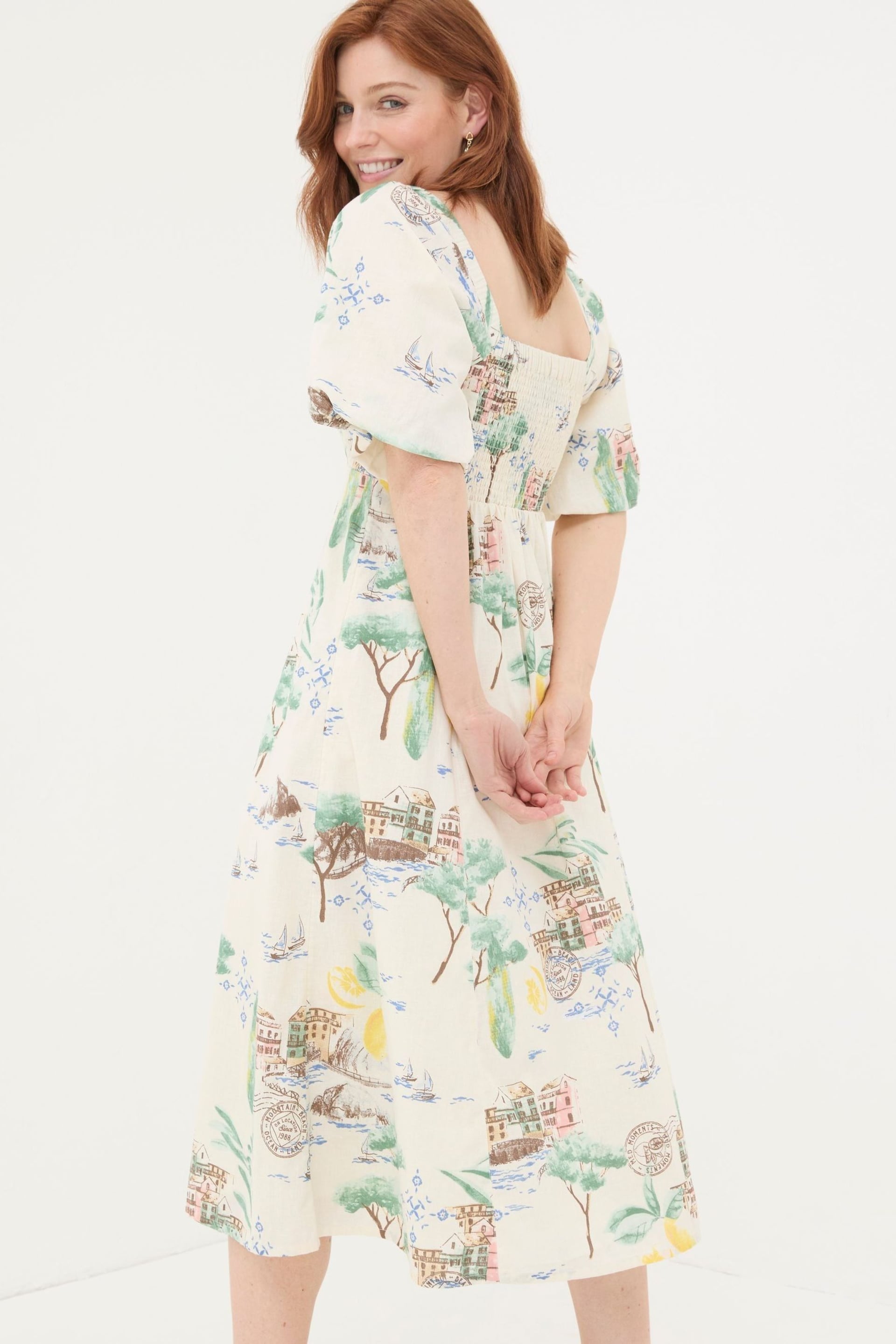 FatFace Natural Lucie Postcard Midi Dress - Image 2 of 7