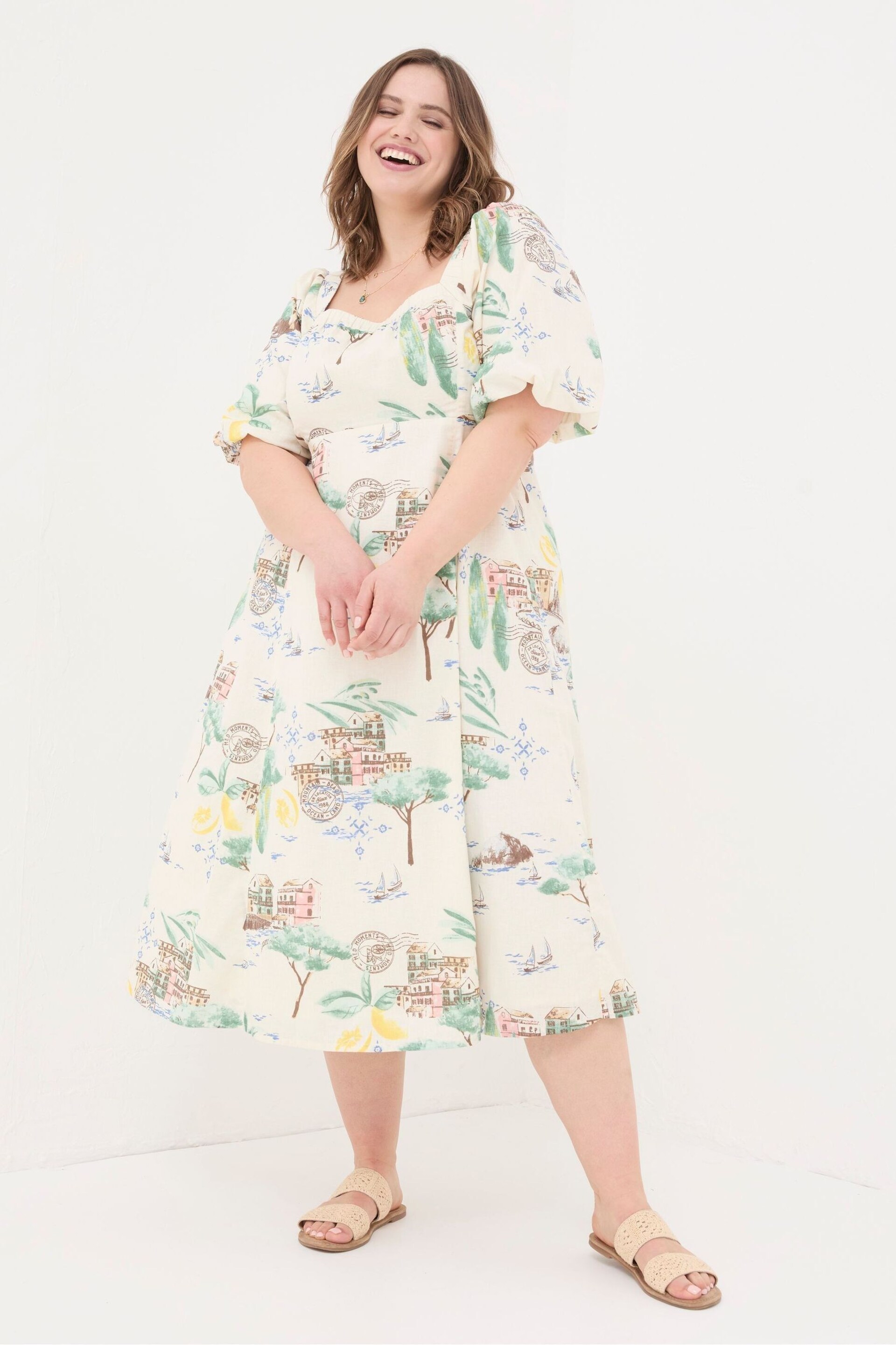 FatFace Natural Lucie Postcard Midi Dress - Image 3 of 7