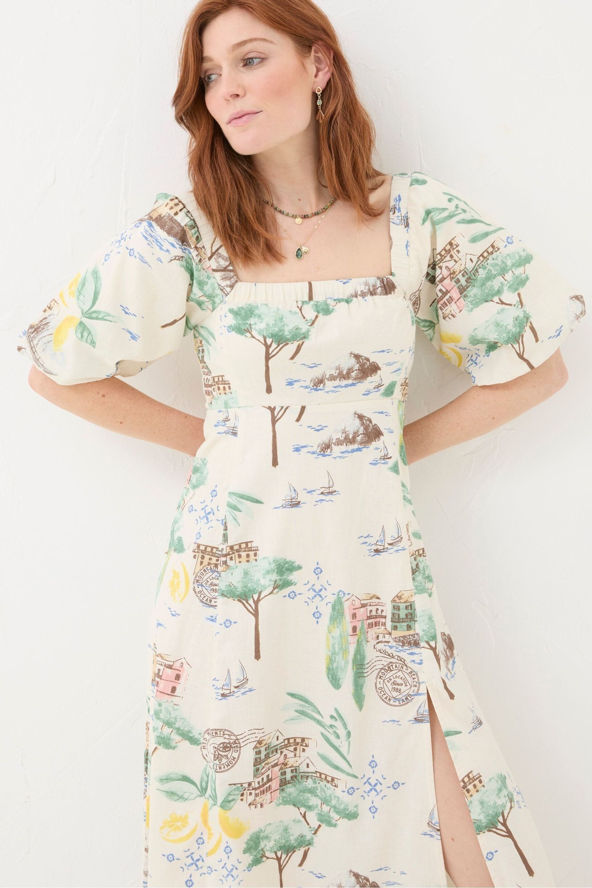 FatFace Natural Lucie Postcard Midi Dress - Image 5 of 7