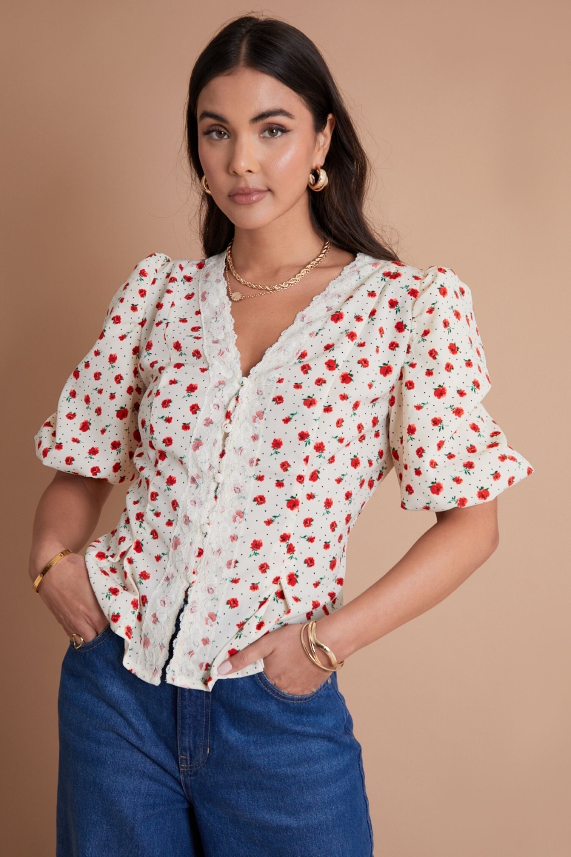 Another Sunday Lace Trim Puff Sleeve Button Through Ecru Ditsy Floral White Blouse - Image 1 of 3