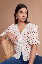 Another Sunday Lace Trim Puff Sleeve Button Through Ecru Ditsy Floral White Blouse - Image 2 of 3