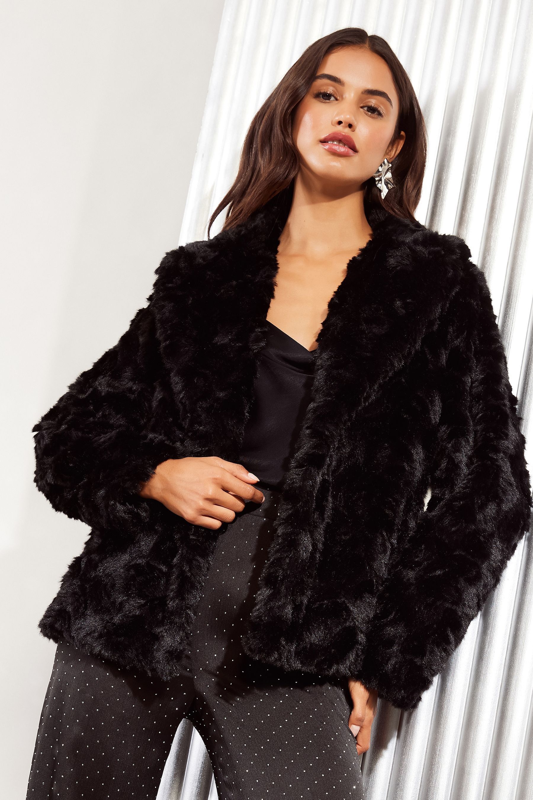 Friends Like These Black Textured Faux Fur Coat