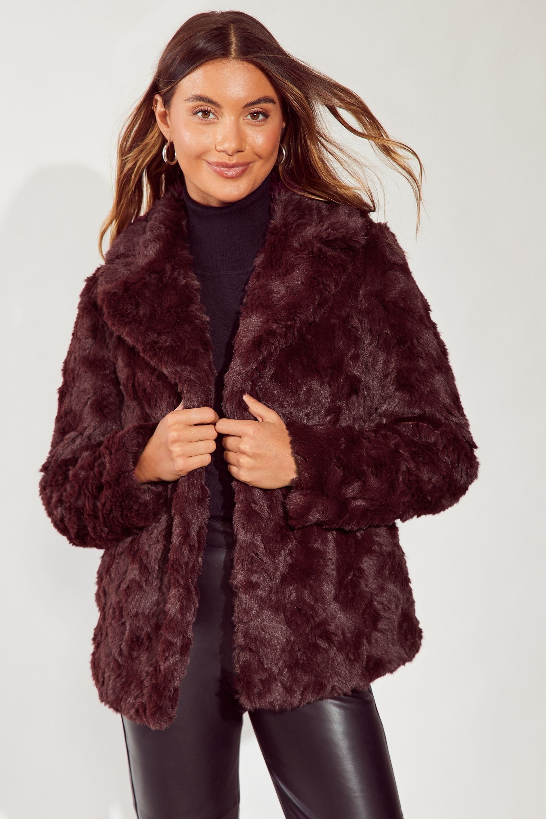 Friends Like These Berry Red Textured Faux Fur Coat