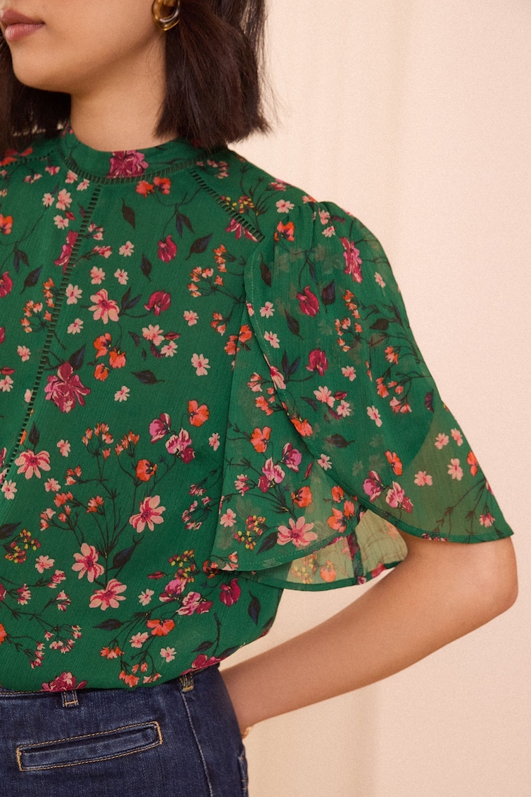 Love & Roses Floral Printed Dobby Flutter Sleeve Blouse - 圖片 2，共 4