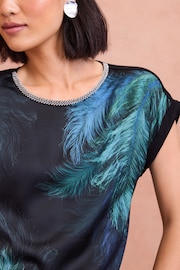 ENB | Love & Roses Black Feather Print Petite Satin Front Embellished Neck Jersey Blouse - Image 2 of 4