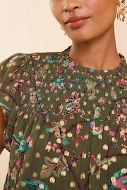 Love & Roses Khaki Green Floral Flutter Sleeve Shell Top - Image 2 of 4