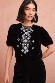 Love & Roses Black Velvet Crystal Puff Sleeve Top - Image 1 of 4