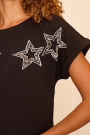 Love & Roses Black Star Embellished Roll Sleeve T-Shirt - Image 2 of 4