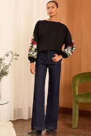 Love & Roses Black Floral Embroidered Puff Sleeve Jersey Sweatshirt - Image 3 of 4