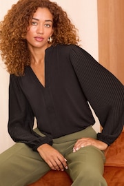 Love & Roses Black Pleated Sleeve Jersey V Neck Blouse - Image 1 of 4