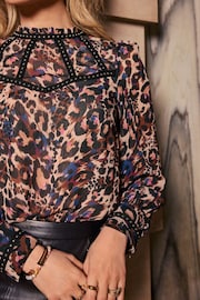 Love & Roses Animal Stud Trim Detail Crew Neck Long Sleeve Blouse - Image 2 of 4