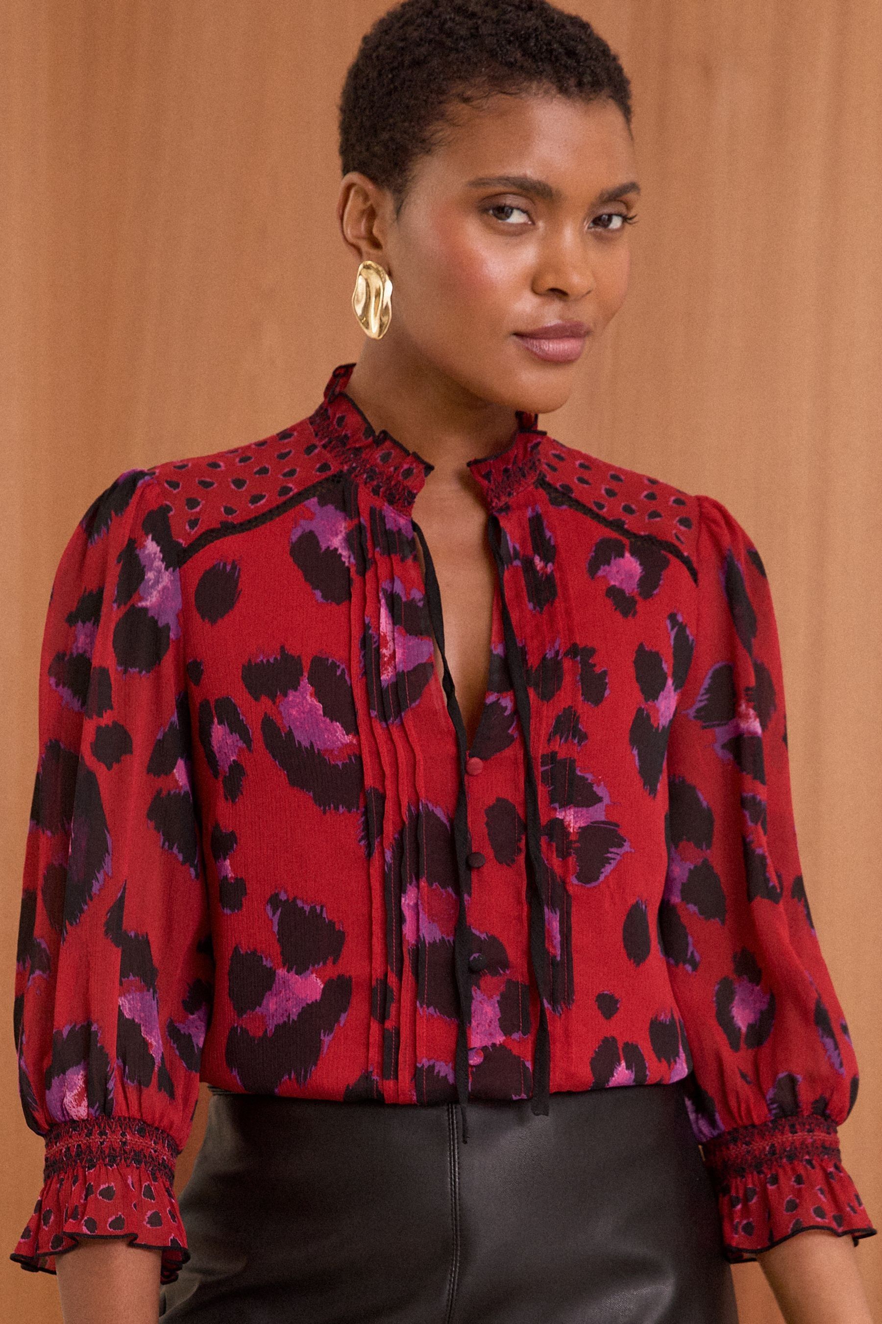 Buy Love Roses Red Animal Printed V Neck Shirred Cuff Blouse from the Next UK online shop