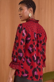 Love & Roses Red Animal Printed V Neck Shirred Cuff Blouse - Image 4 of 4